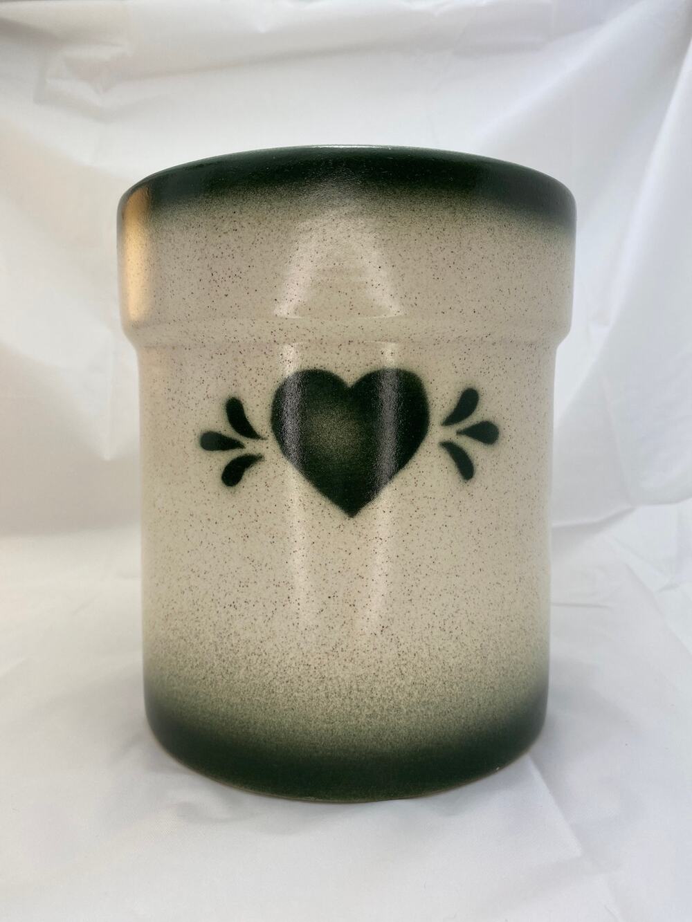 Vintage Country Spongeware Stoneware Heart Crock Utensil Holder Green Beige